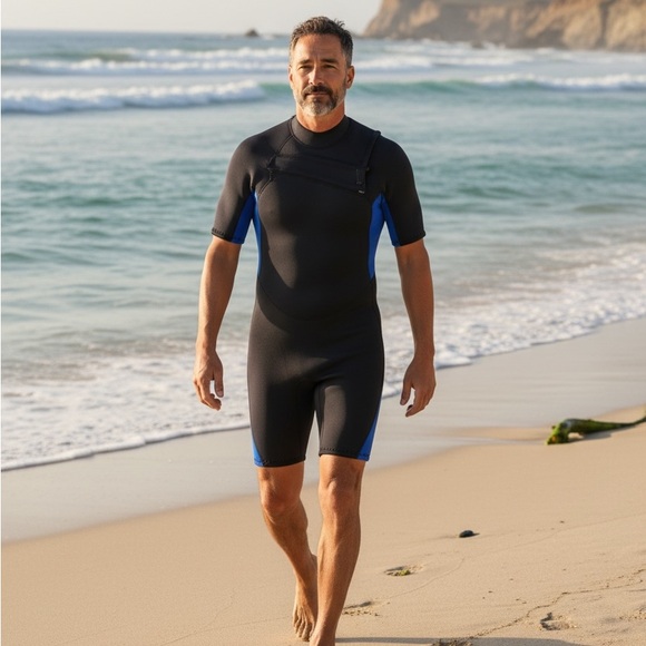 Stylish Black and Blue Short Sleeve Realon Wetsuit - Picture 3 of 6